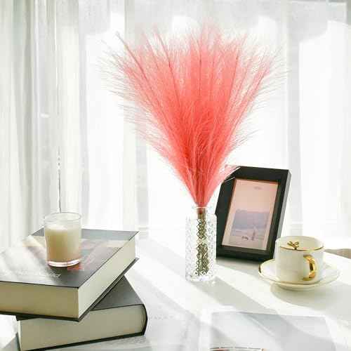 Mandy's Coral Silk Pampas Grass Bouquet 20 Stems 17.7in Fluffy Artificial Pampas with Bendable Stems for Wedding Centerpiece Home Boho D?cor