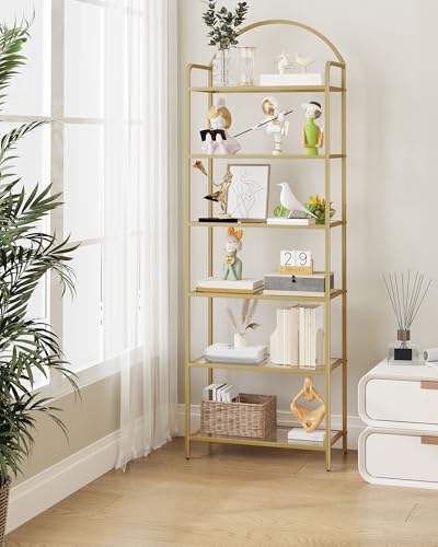 Hzuaneri Tempered Glass Bookcase Shelf - Gold, Slim 71in Home Office Storage