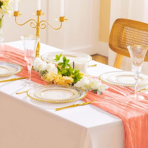 Coral Peach Pink Spring Summer Cheesecloth Table Runner Boho Rustic Gauze 120 inch 10FT Cheese Cloth Runner for Wedding Party Baby Shower Birthday Home Decor Holiday Decorations