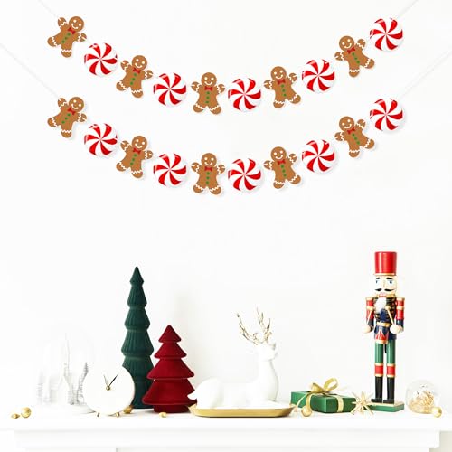 Uniwish Peppermint Gingerbread Man Banner Garland Christmas Hanging Decorations Christmas Tree Ornaments for Home Office Decor New Year Xmas Holiday Party Supplies
