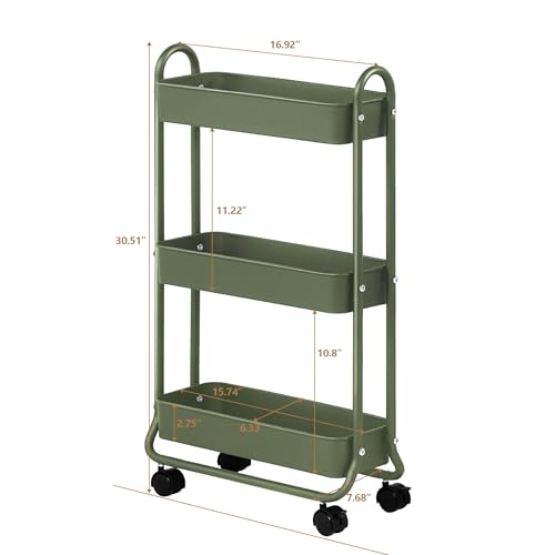 SunnyPoint Army Slim Rolling Storage Cart 3-Tier Bathroom & Laundry Organizer