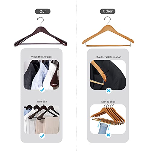 Nature Smile Mahogany Wooden Suit Hangers 6 Pack – Extra Wide Shoulder, Non-Slip Bar, 360° Swivel Hooks