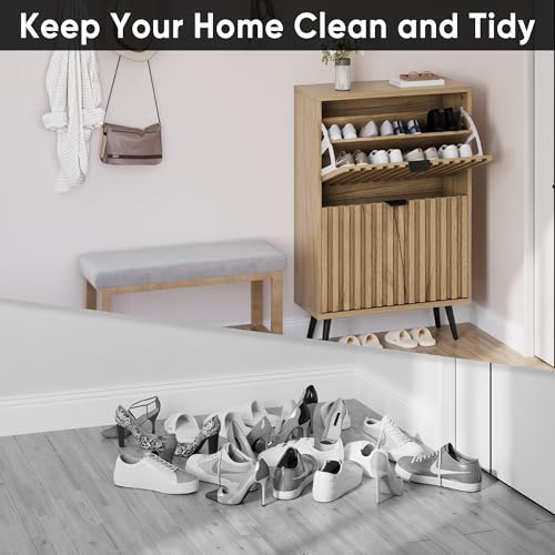 Shoe Cabinet with Flip Drawers - 23.6 Inch Natural Storage Closet with Fluted Doors - Freestanding Entryway Organizer - Variation: 23.6 in (60 cm) / Natural With Flip Drawer