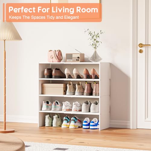 2 Pack White Expandable Shoe Rack Organizer for Closet and Entryway - 2-Tier Stackable Shoe Storage Shelf - Small Iron Wood Combo - Narrow Space, 15-24 Pairs - Variation of THIS listing