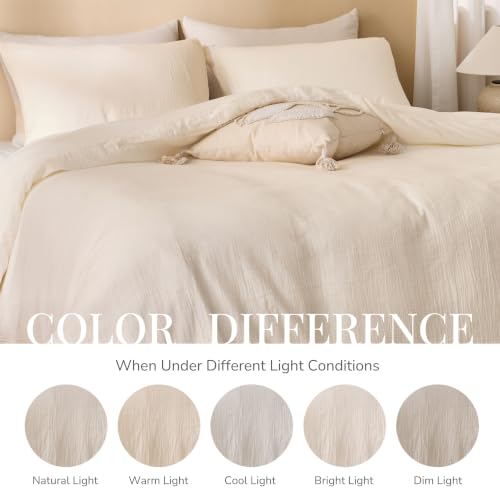 Cream Queen Size Duvet Cover - 100% Sandwashed Cotton, Oeko-Tex Certified, Button & Zipper Closure, Linen-Like Texture, RENEWROOTS