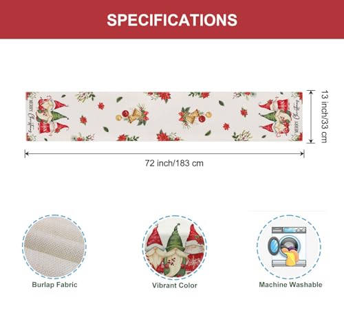 Aqrbeci Christmas Gnomes Table Runner 13x72 Inch with Gnomes - Holiday Kitchen Decor
