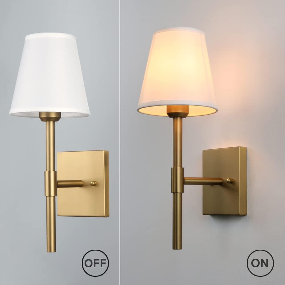 Pathson Set of 2 Hardwired Bathroom Wall Sconces with White Fabric Shade, Cloth Wall Mounted Lighting for Living Room Bedroom Hallway Matte Black Finish Base