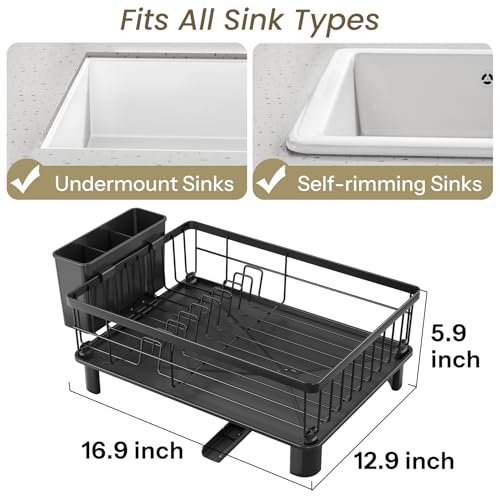 Dish Drying Rack for Small Kitchen Counter - Black, 12.9 x 16.9 Inches - Space Saving & Rust-Resistant