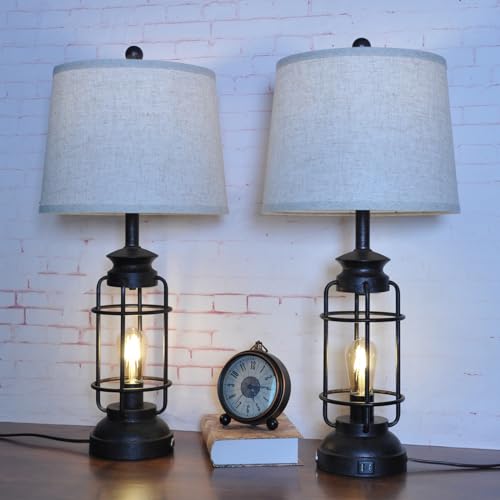 Set of 2 Rustic Industrial Touch Table Lamps with USB Ports, 28.5" Tall, 3-Way Dimmable Bedside & Living Room Lighting