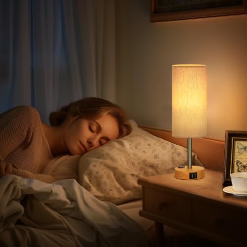 Fenmzee Cream Wood Grain Bedside Table Lamp Set of 2 - Dimmable Touch with USB A+C & Outlet