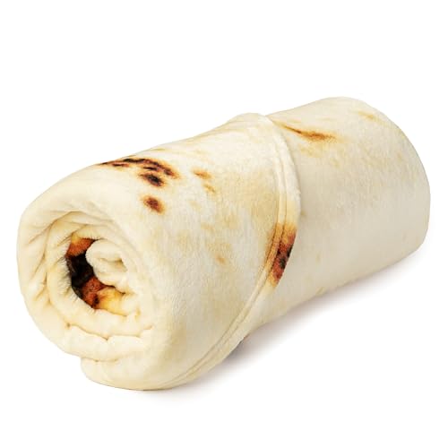 PAVILIA Burrito Tortilla Blanket, Double Sided Taco Flour Wrap Novelty Throw for Adult Kid Teen, Realistic Food Blanket, Funny Gag Gift for Birthday, Beige Flour 80in