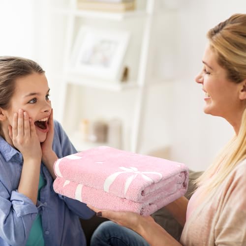 Pink Bow Blanket for Girls 50 x 60 Inch Glow in The Dark Throw Blanket Cute Bow Theme Flannel Plush Preppy Coquette Gifts Dorm Essentials for Christmas Thanksgiving Gift Decoration