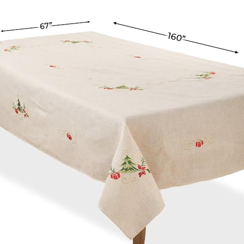 SARO LIFESTYLE Embroidered Christmas Tree Linen Blend Tablecloth 67x160 Inches, Natural