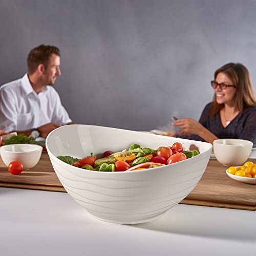 Large Ceramic Oval Salad Bowl Set with Acacia Wood Serving Utensils