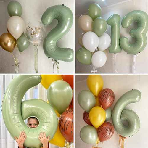 Biapian 40 Inch Sage Green Number 21 Balloons, Large Foil Number 2 & 1 Balloons with 18'' Olive Green Heart Balloon for 21st Year Old Birthday Decorations Men Women Anniversary Jungle Party Supplies