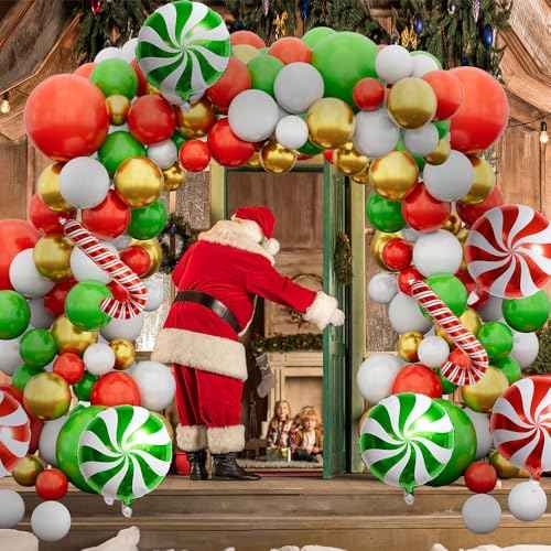 Christmas Decorations Balloons Arch Kit - 126 PCS Red Green White Gold Confetti Xmas Foil Balloons Candy Cane Balloon Garland Arch Kit for Xmas Christmas Decorations Holiday New Year Party Supplies