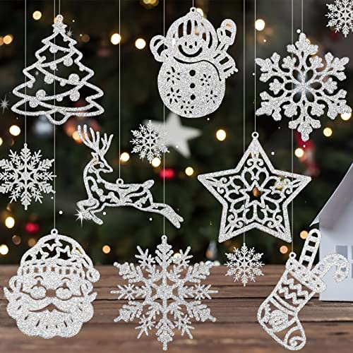 Christmas Tree Decoration Hanging Ornaments - 42 Pack Silver Glitter Snowman Reindeer Snowflake Ornaments for Christmas Holiday New Year Winter Wonderland Party Supplies