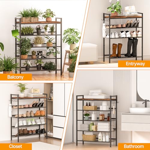 Neatevday Black 4-Tier Shoe Rack with Adjustable Mesh Shelves & Hooks