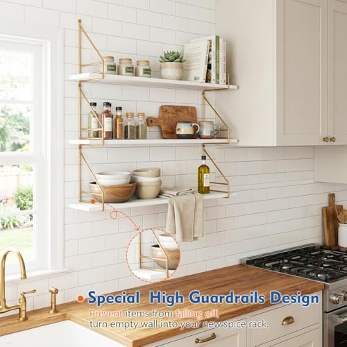 36 Inch Floating Wall Shelves with Gold Rail - White and Gold Book Storage