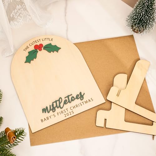 Baby¡¯s First Christmas 2025 Wooden Mistletoes Footprint & Handprint Art, DIY Baby Craft Keepsake, Rustic Christmas Milestone Card, Grandparents Gifts, Baby Shower or Newborn Photoshoot Prop
