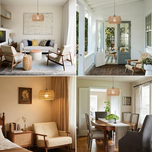 Eayaya Battery Operated Rattan Pendant Chandelier with Remote - 11.8” Outdoor & Indoor Boho Hanging Light, Model 1