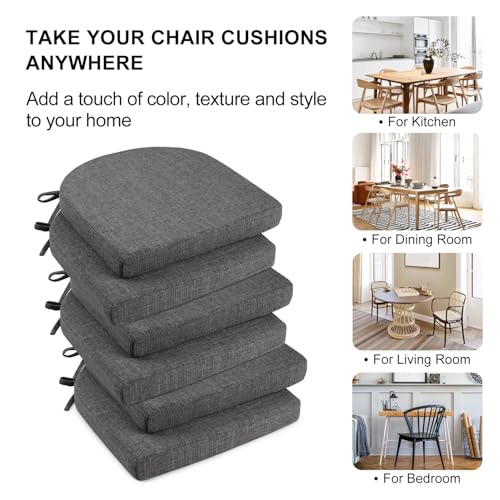 Wellsin Set of 6 Dark Gray 16x16x2 Inch Kitchen Chair Cushions with Ties & Non-Slip Backing