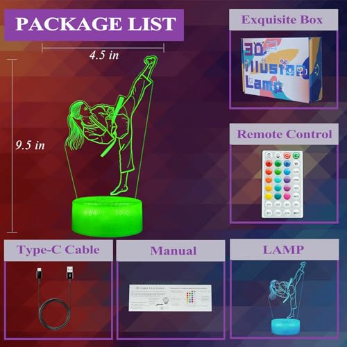 Karate Girl Night Light, Karate Gifts, Taekwondo 3D Illusion Lamp with 16 Colors Changing, Timer, 4 Flash Modes and Dimmable, Kids Girls Room Decoration, Holiday Xmas Gifts