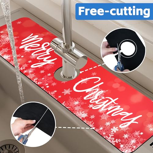 Merry Christmas Snowflake 5.5" x 24" Kitchen Sink Splash Guard Mat — Absorbent Drip Catcher