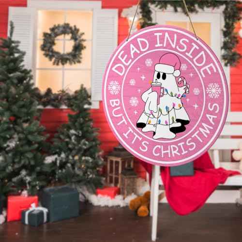 Winter Pink Xmas Merry Christmas Snowflake Sign Decorations Indoor Front Door, Pink Winter Christmas Snowflake Sign Decor for Home Porch Room Bedroom Dead Inside