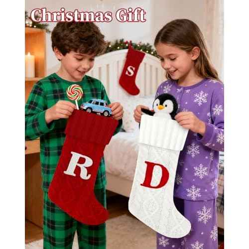 Christmas Stockings with Initials,20 Inches Large Cable Embroidered Monogram Knitted Christmas Stockings with Letter,Personalized Xmas Stockings for Fireplace Family Holiday Decor (Red J)