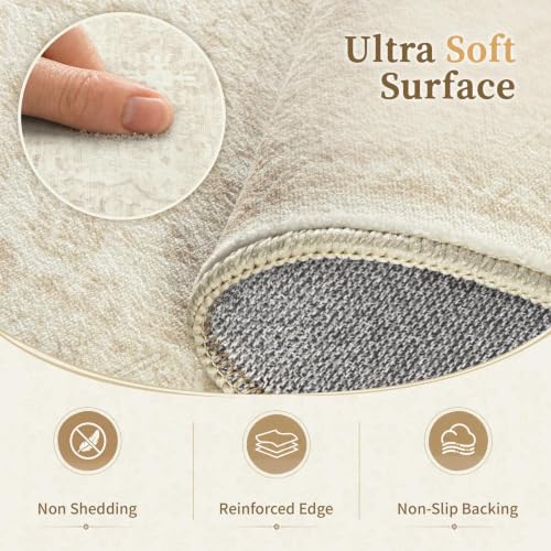 Beige 8x10 Area Rug for Living Room & Bedroom - Washable Non-Slip Floral Carpet