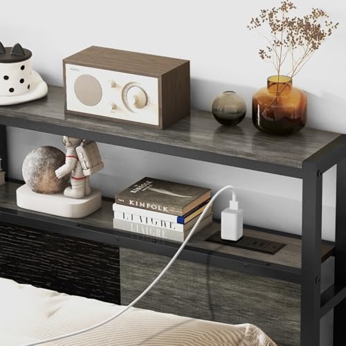 Queen Size Headboard with Charging Station & LED Light - Gray + Black