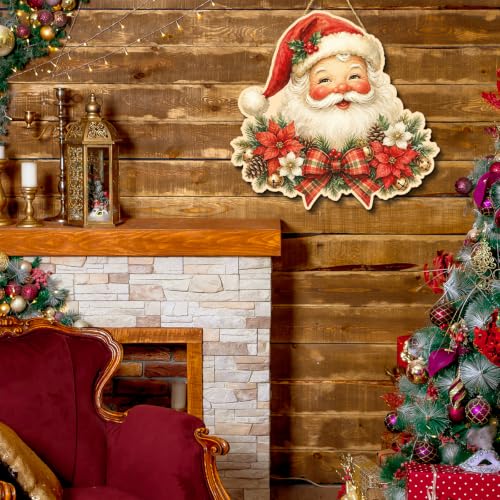 Christmas Santa Door Hanger Vintage Wooden Welcome Sign - Red