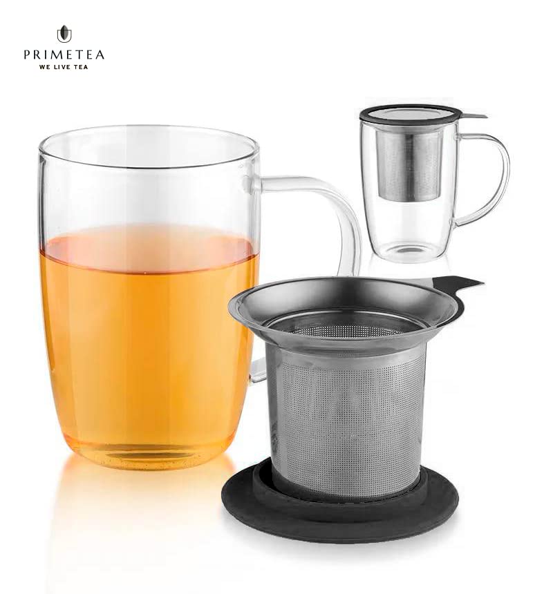 Prime Tea - Glass Teacup with Tea Infuser, 16oz / 470 ml, Hand Blown, Single Wall, Heat Resistance Borosilicate Glass Teamaker Cup for Blooming & Loose Leaf Tea, Microwave & Dishwasher Safe (Black)