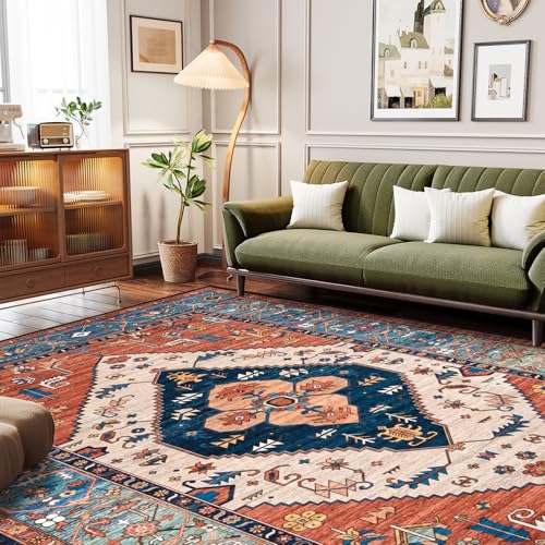 6x9 Rust Oriental Washable Rug - Non-Slip Vintage Area Carpet for Living Room