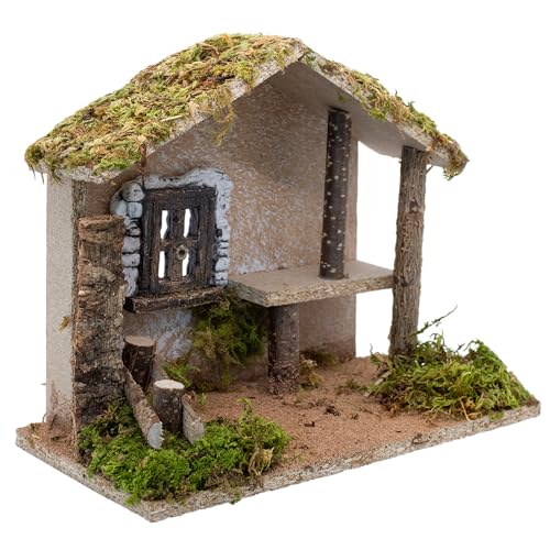 8" Nativity Stable for tabletop with Window and Mossy Roof | Charming