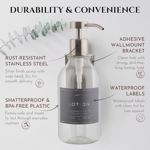 LUSSPA Wall Mounted Shower Shampoo Dispenser Set 3 Clear Bottles with Silver Pumps