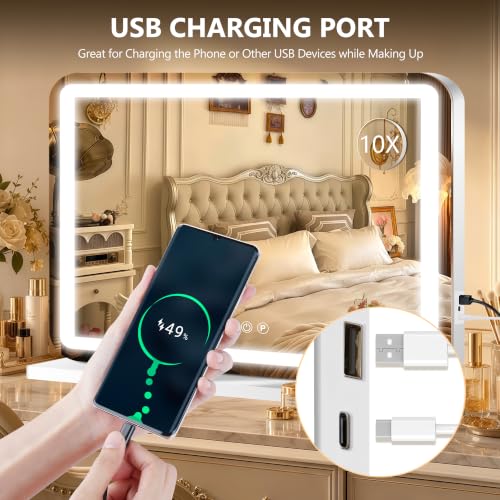 Ratsamee White 23x18 Inch LED Lighted Makeup Vanity Mirror with Dimmable Lights & USB Charging