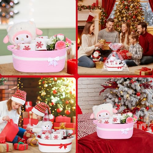 Christmas Gift Basket Empty, Pink Woven Basket for Gifts Empty with Bags & Ribbons, Durable Rope Storage Basket for Organizing, Giving Gifts at Christmas, Nursery, Baby Shower, Bathroom