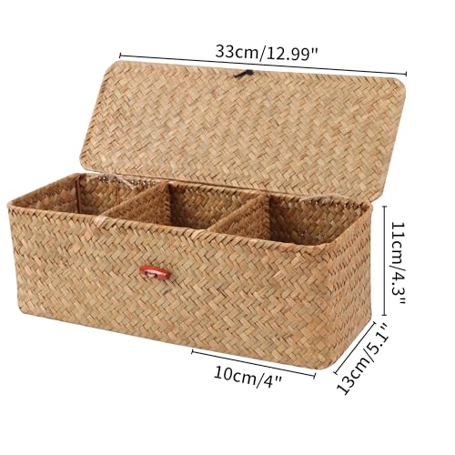 Wicker Shelf Baskets with Lid,Rectangular Seagrass Woven Storage Baskets with Dividers for Bathroom Organizer Small Bins Home Decor (Natural)