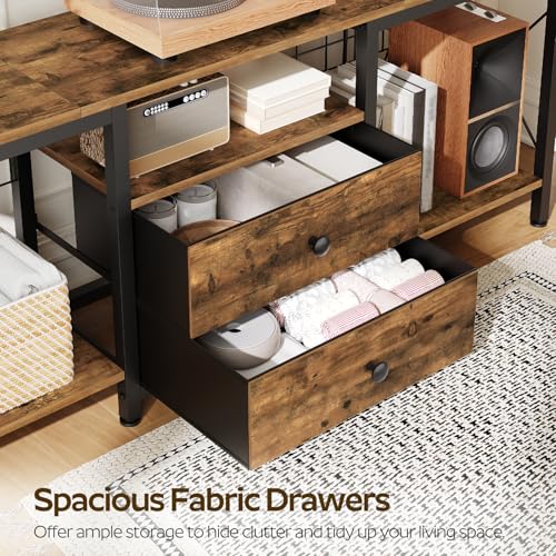 YATINEY Rustic Brown 63" TV Stand with Power Outlet, Fabric Drawers & Open Shelves