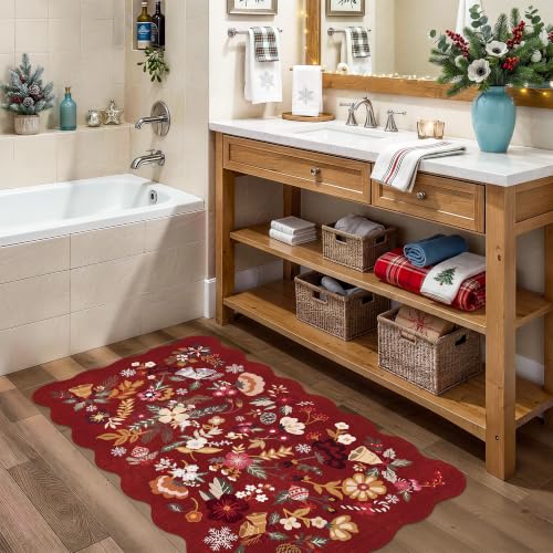 BYYVOO 2' x 3' Christmas Red Floral Area Rug with Non-Slip Backing, Scalloped Edges