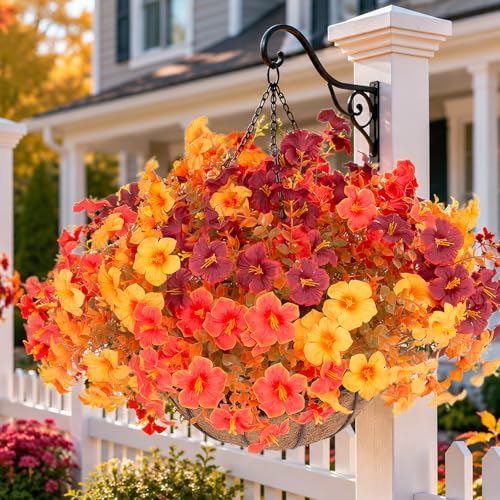 Artificial Fall Hanging Basket Set with 24 Petunias - Orange, Outdoor Decor