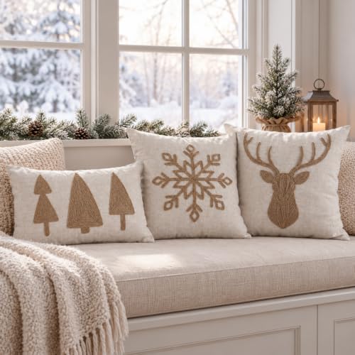 VANNCIO 20x12 Inch Jute Embroidered Christmas Tree Lumbar Pillow Cover - Pack of 1