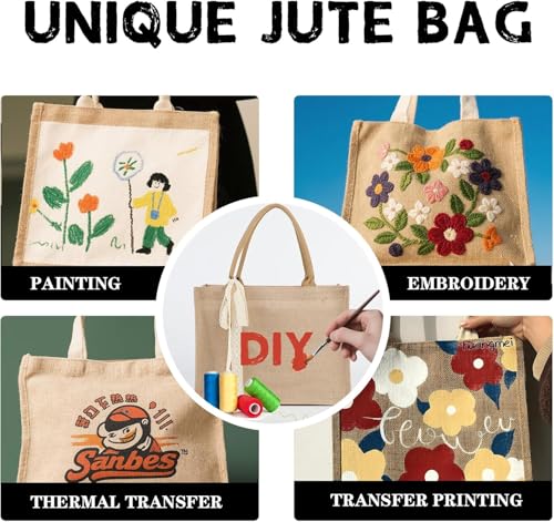 Large 6 Pack Burlap Tote Bag Set with Ribbon - Reusable Water-Resistant Grocery Bags