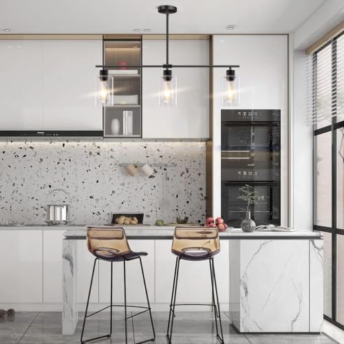 Black 3-Light Rectangular Kitchen Island Pendant Light with Glass Shades - Adjustable Height