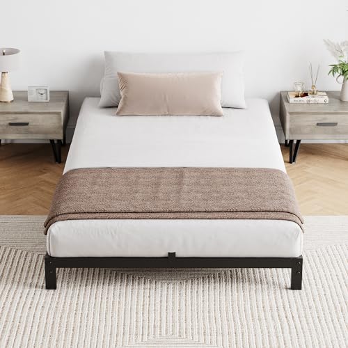 GarveeHome 8 Inch Twin Bed Frame No Box Spring Needed, Low Profile Twin Metal Platform Bed Frame Support Mattress Foundation, No Box Spring Needed/Easy Assembly/Noise Free/Black/Black