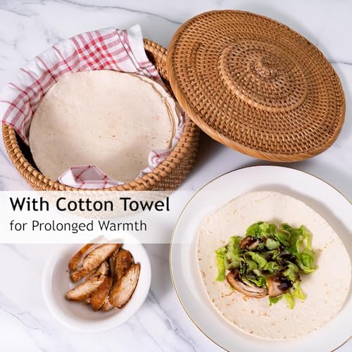 10-Inch Rattan Tortilla Warmer Basket with Cotton Cloth - Keeps Flatbreads Warm