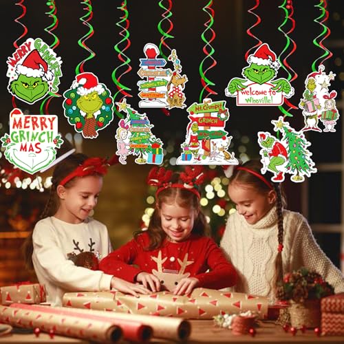 36pcs Marry Grinchmas Hanging Green Monster Streamers Decorations,Hanging Swirls Party Decorations Christmas Ceiling Decorations Christmas Birthday Party Decorations Outdoor Decor