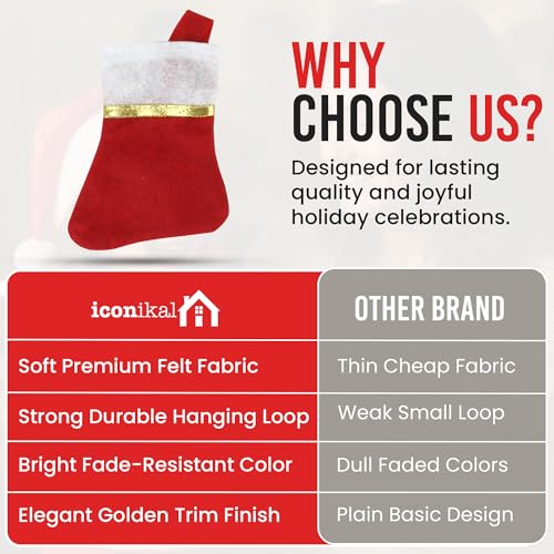 Iconikal 24-Pack Mini Christmas Stockings Red Felt 5x6.25-Inch Gold Ribbon Holiday Decor Ornaments Utensil Holders Wine Bottle Toppers Craft Bulk Pack